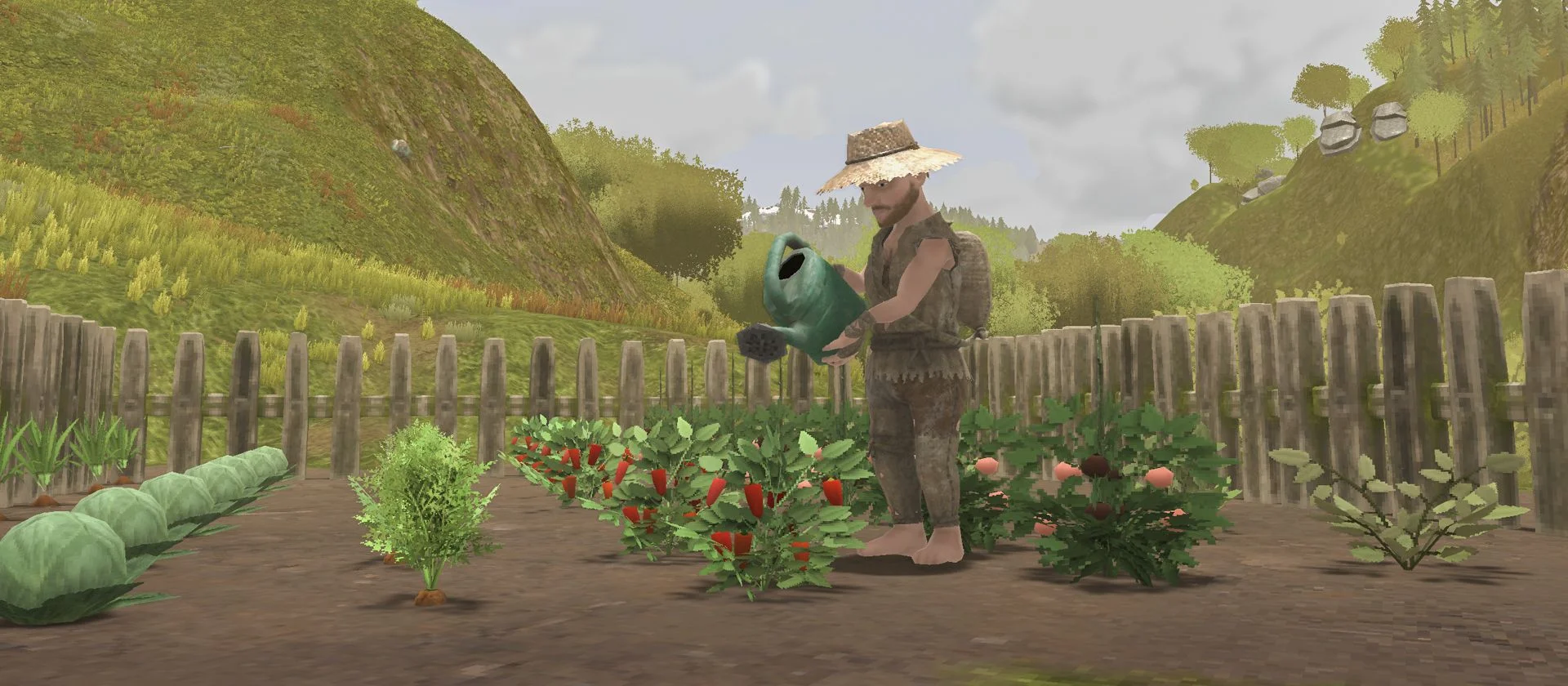 Yugopunk player character using a Watering Can to water garden crops inside a fenced garden plot, with a straw hat visible on the character