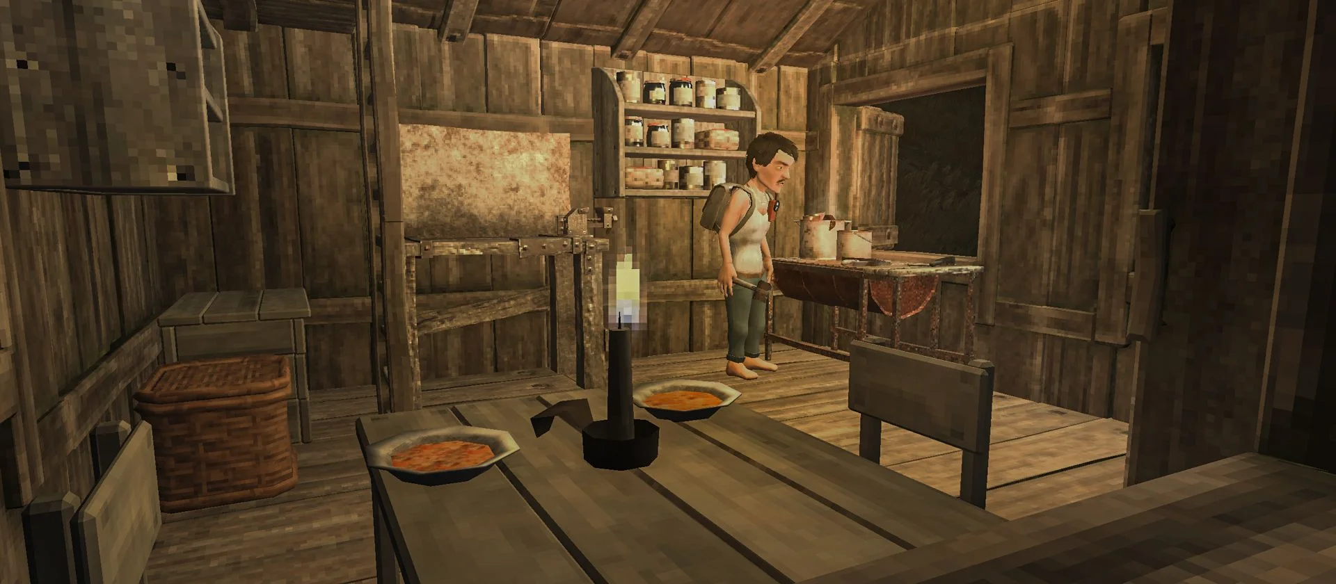 Yugopunk cooking station inside a wooden base interior, cooked dishes visible on the surface, warm candlelight atmosphere