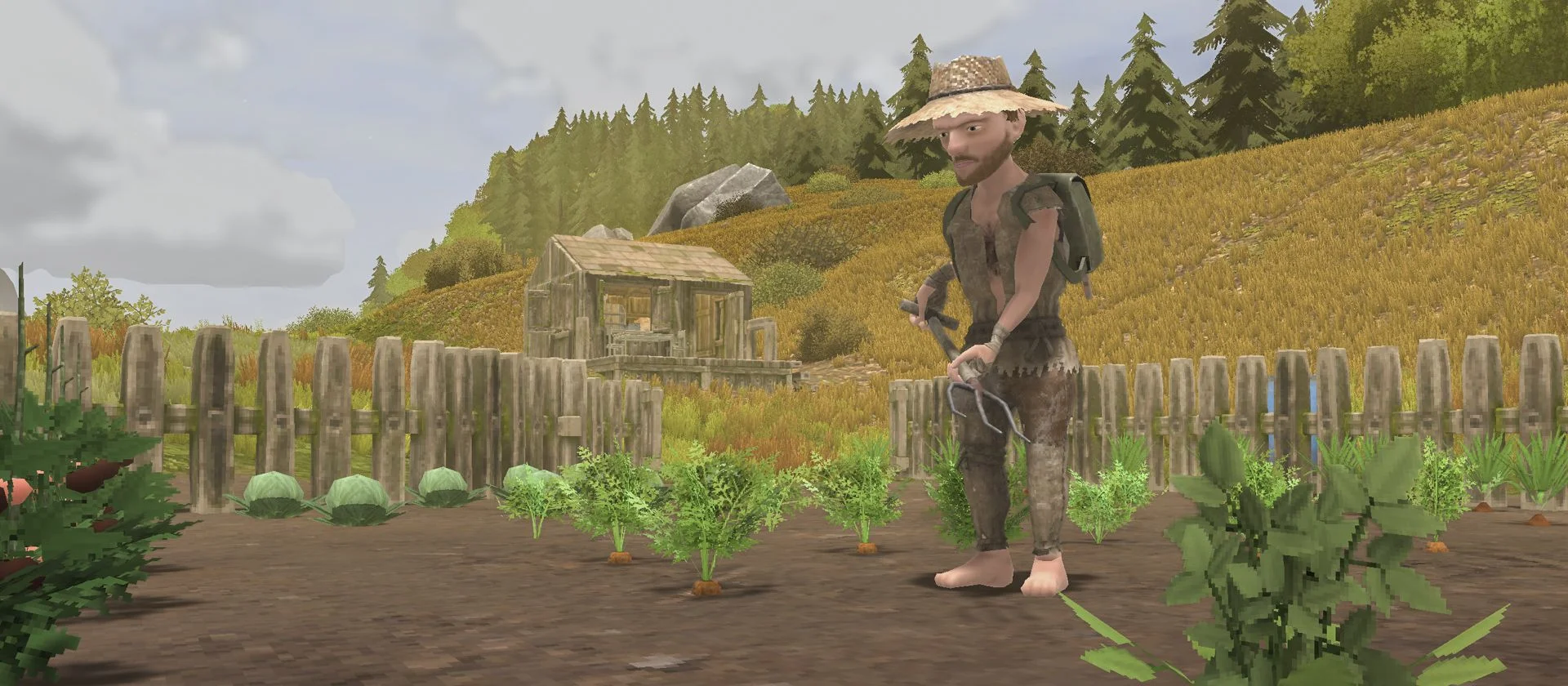 Yugopunk player character standing in a fenced garden plot with multiple crops growing, rustic wooden base hut and hillside terrain visible in the bac