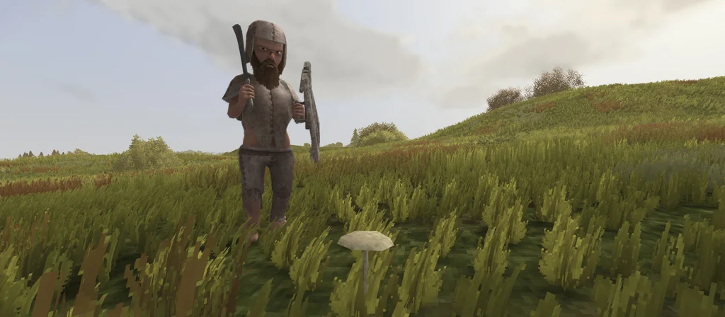Player foraging, surrounded by plants and overgrowth.]