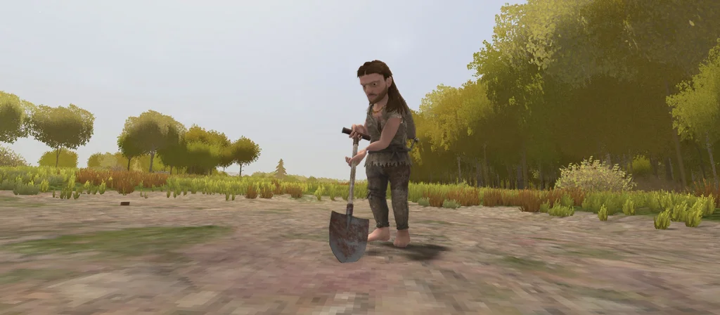 Ground-level shot showing a visible sand or clay patch in the terrain. Player with shovel nearby or mid-dig.